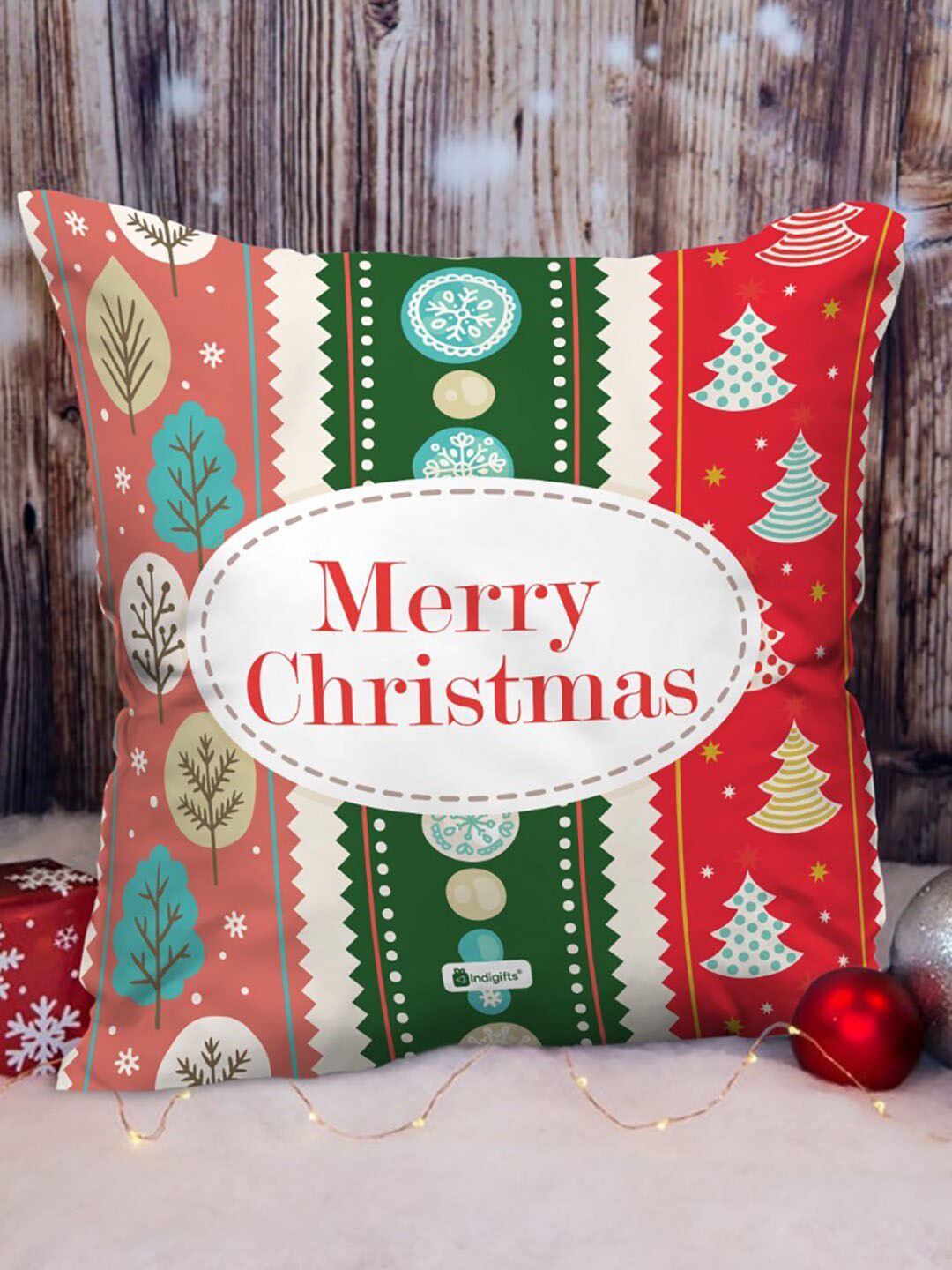 Indigifts Red & Green Printed Merry Christmas Cushion Cover With Fillers