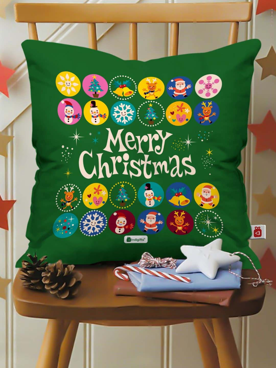 Indigifts Green Printed Merry Christmas Cushion Cover with Filler