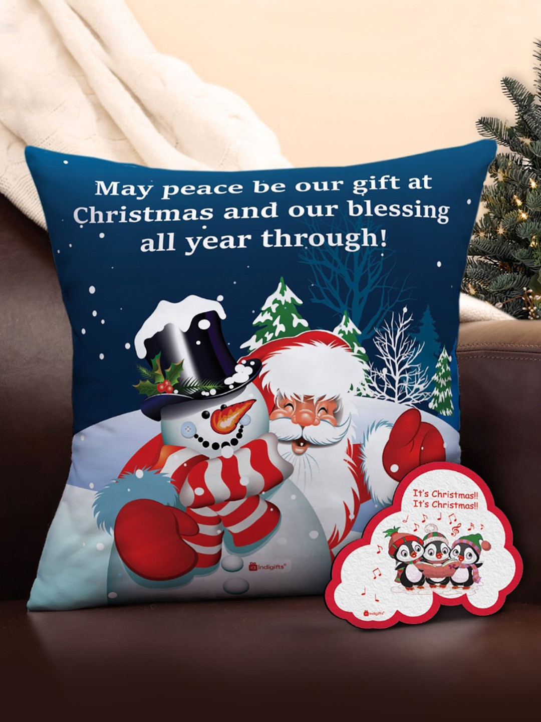 Indigifts Blue Christmas Printed Pre-Filled Cushion With Filler