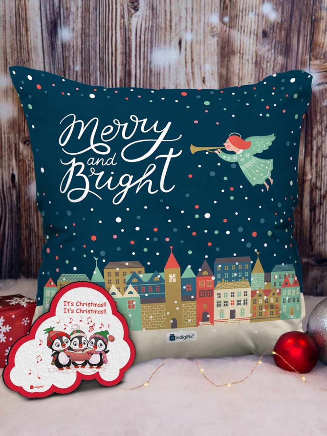 Indigifts Blue Merry & Bright Printed Pre-Filled Cushion