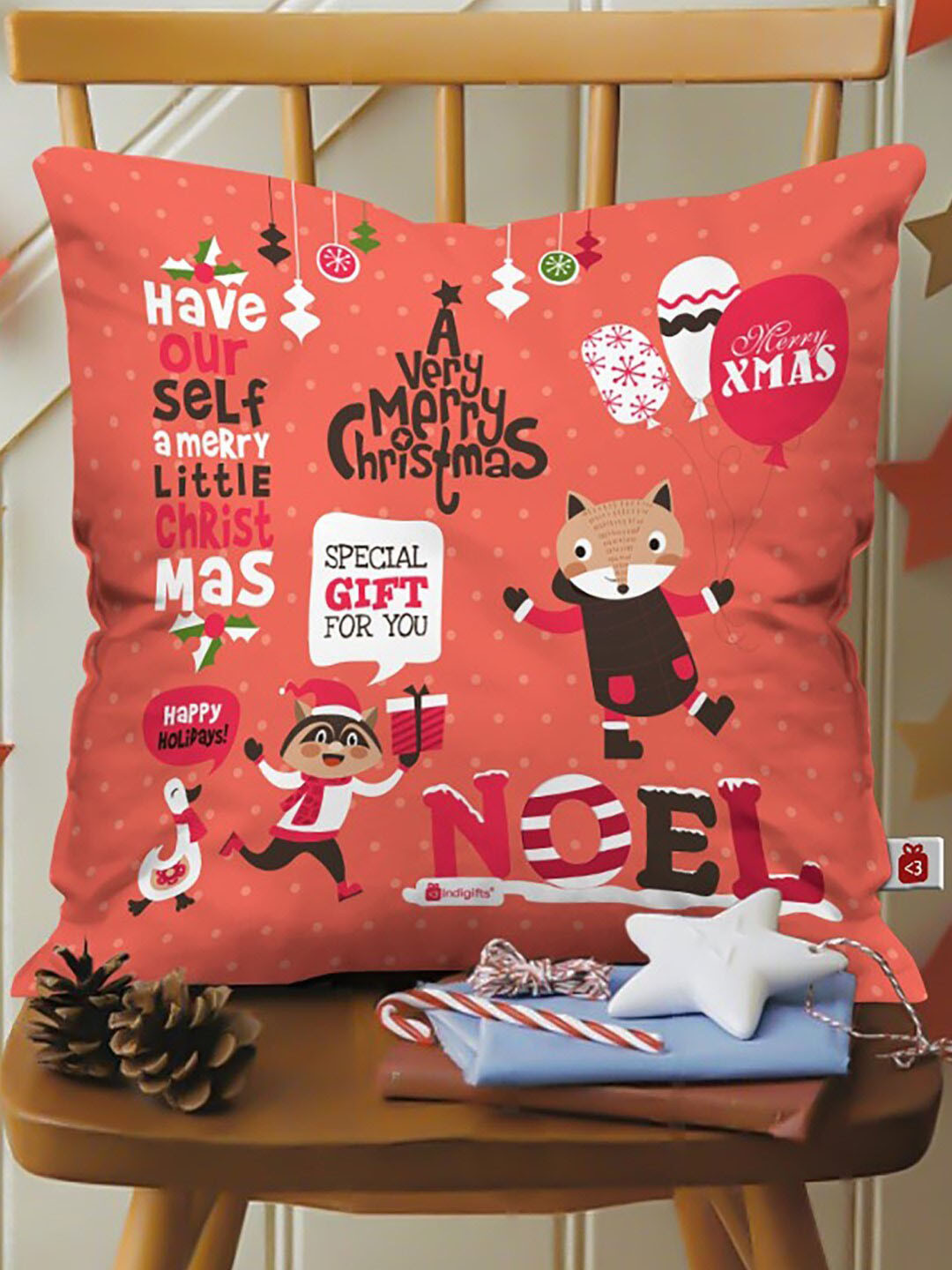 Indigifts Peach Printed A Very Merry Christmas Cushion Cover with Filler