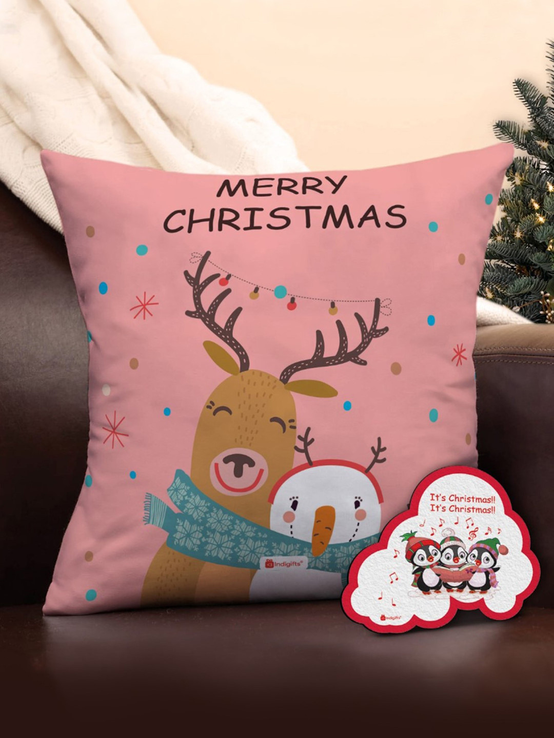 Indigifts Pink Christmas Printed Pre-Filled Cushion With Filler