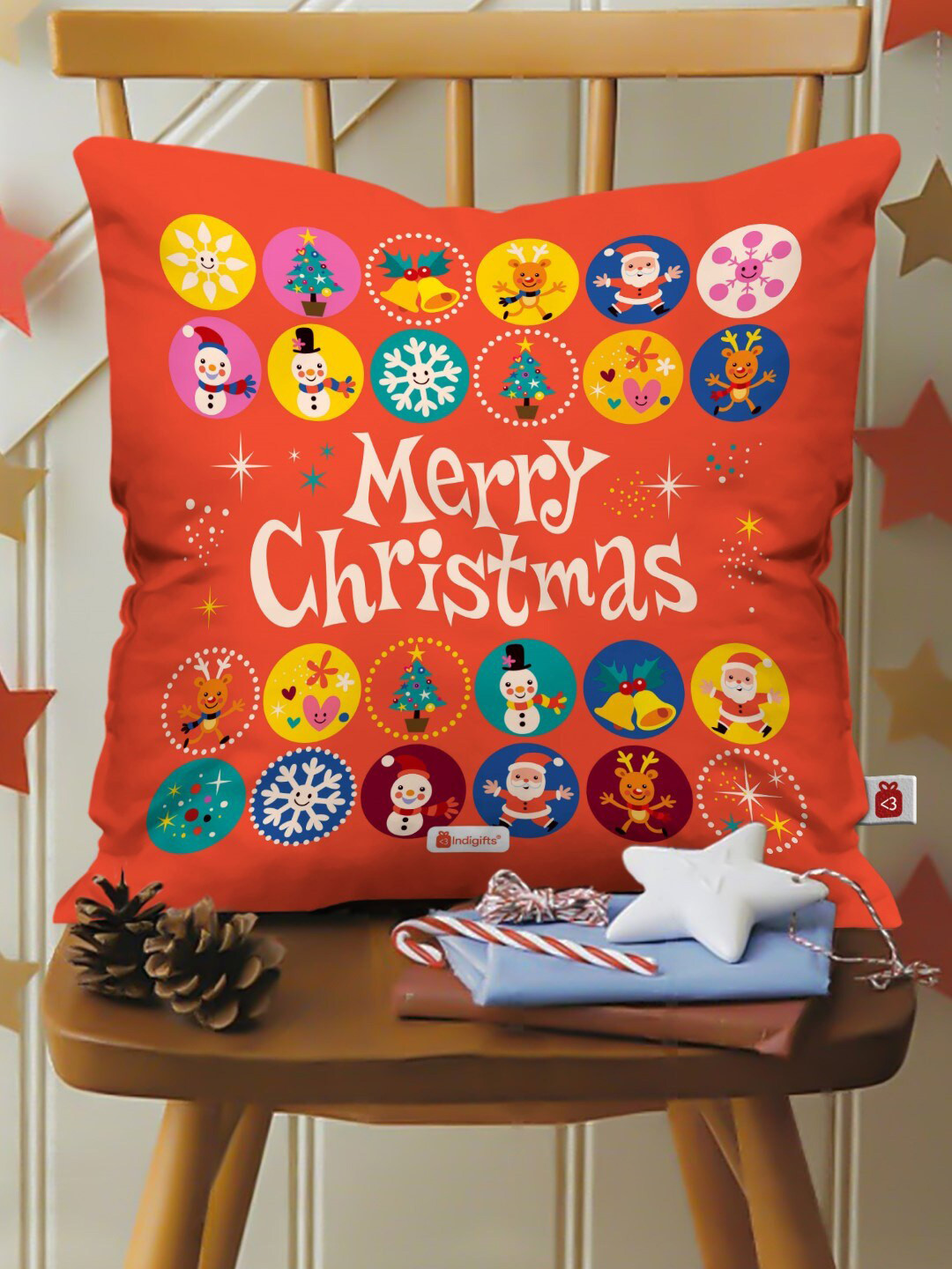 Indigifts Orange Merry Christmas Printed Cushion Cover with Filler