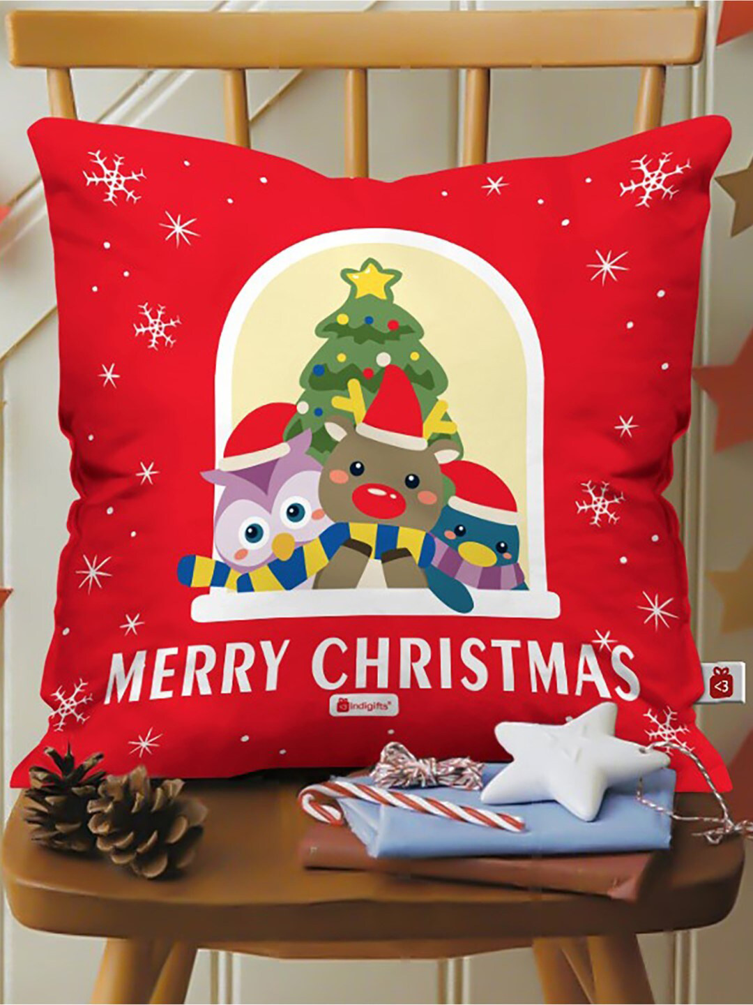 Indigifts Red Printed Merry Christmas Cushion Cover with Filler