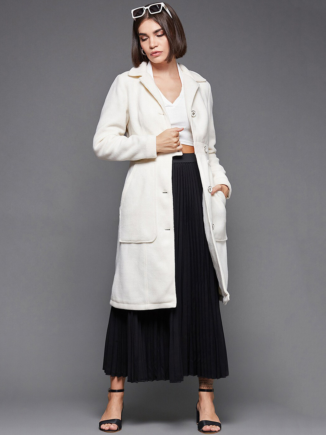 Miss Chase Women Off White Fur fleece Longline Overcoat
