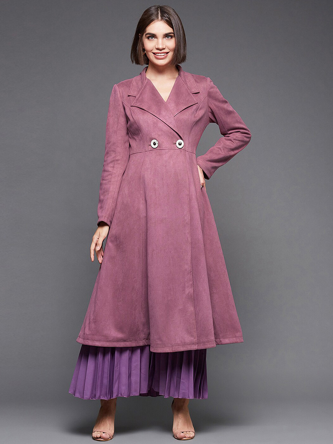 Miss Chase Women Mauve Suede Longline Princess Coat