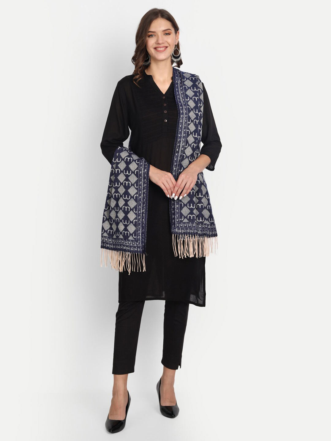 HK colours of fashion Women Navy Blue & Grey Woven Design Stole