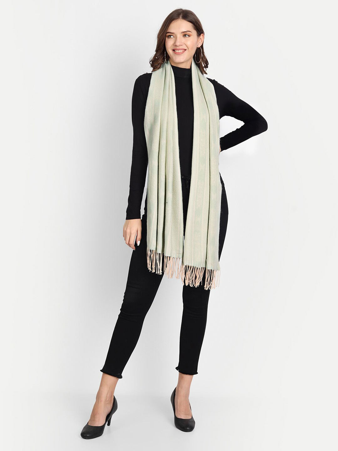 HK colours of fashion Women Sea Green & Beige Woven Design Stole