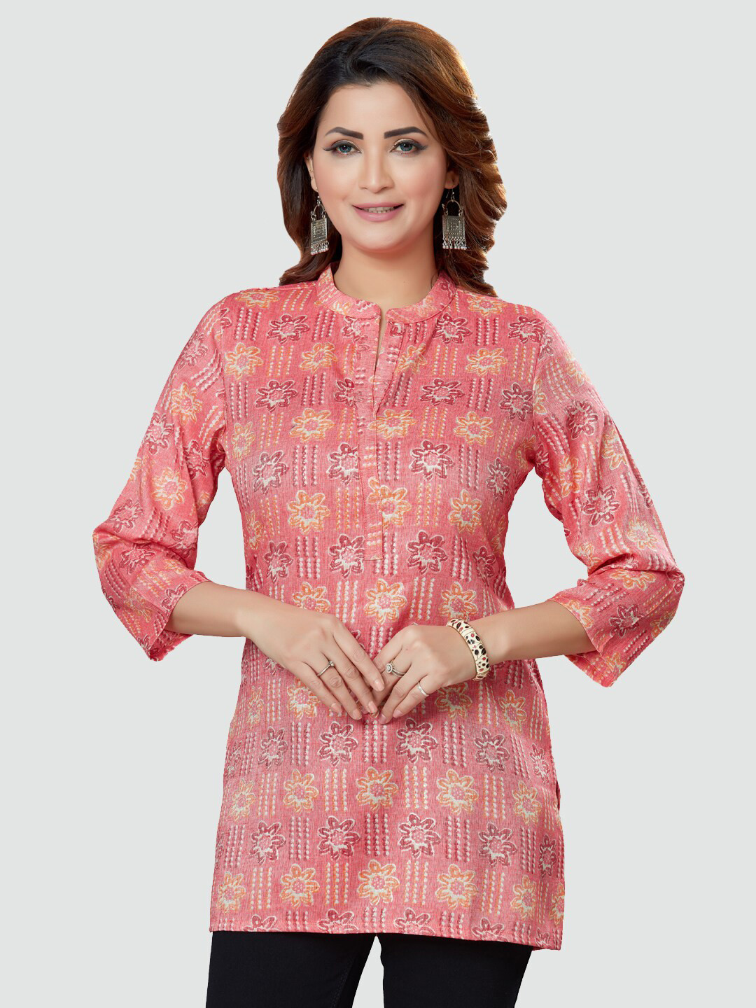 Saree Swarg Pink & Yellow Floral Printed Kurti