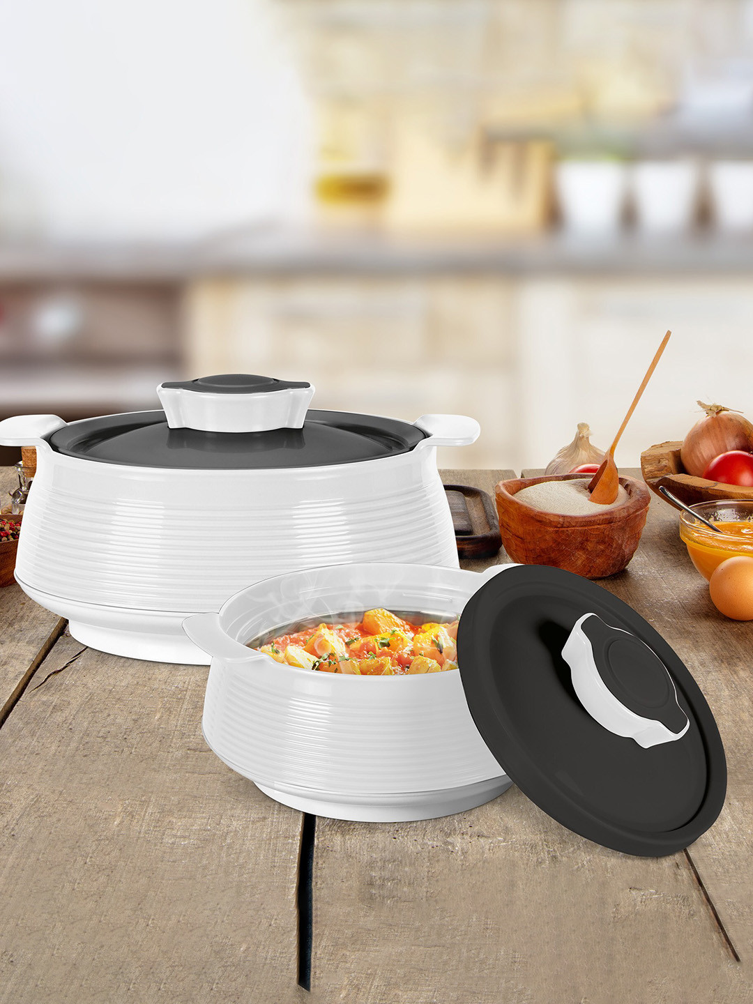 Milton Set of 3 White Venice Jr Insulated Inner StainlessSteel Casserole 450ml 850ml 1.35L