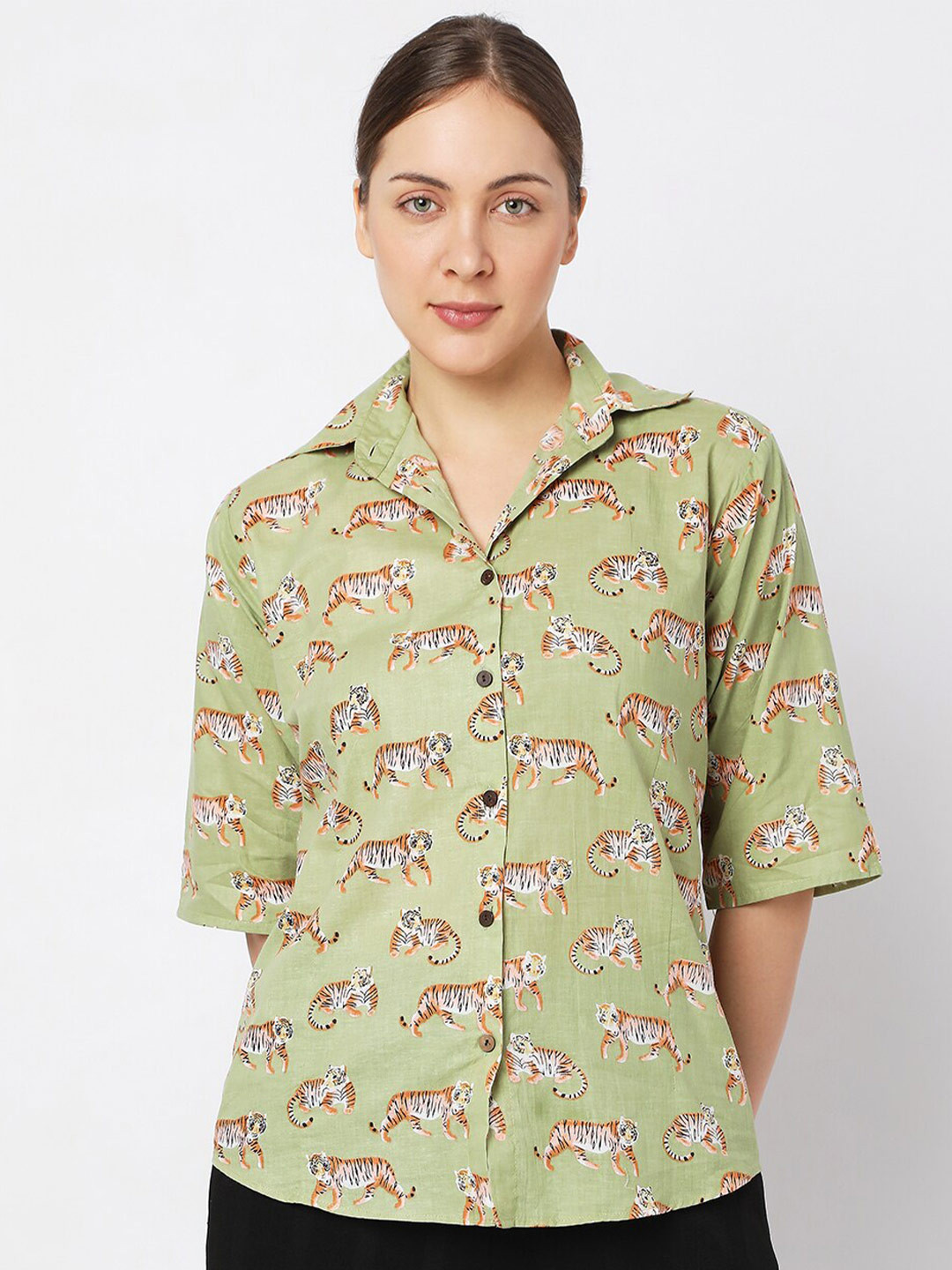 Smarty Pants Women Olive Green Comfort Cotton Printed Casual Shirt