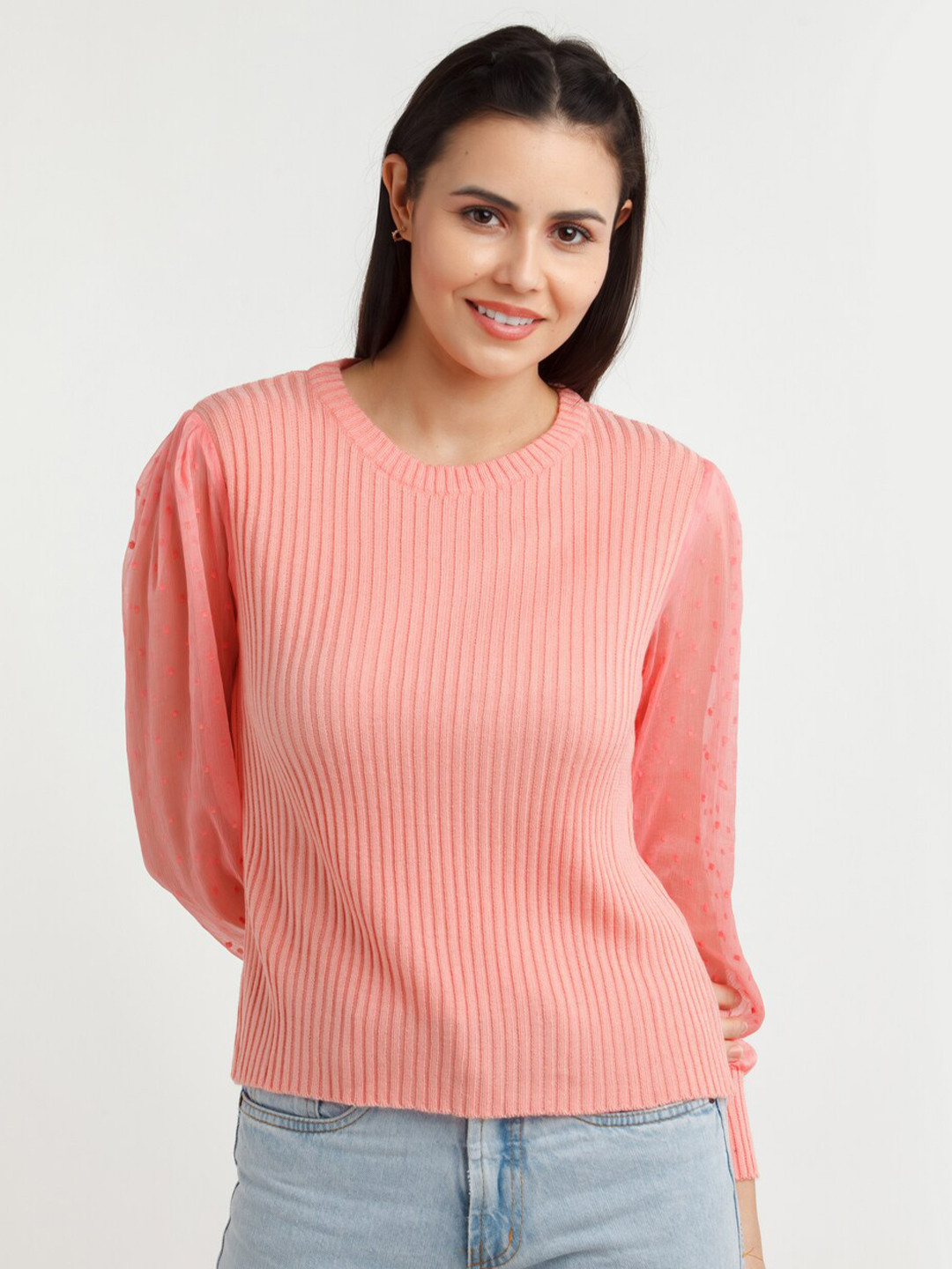 Zink London Women Coral Ribbed Acrylic Pullover Sweater