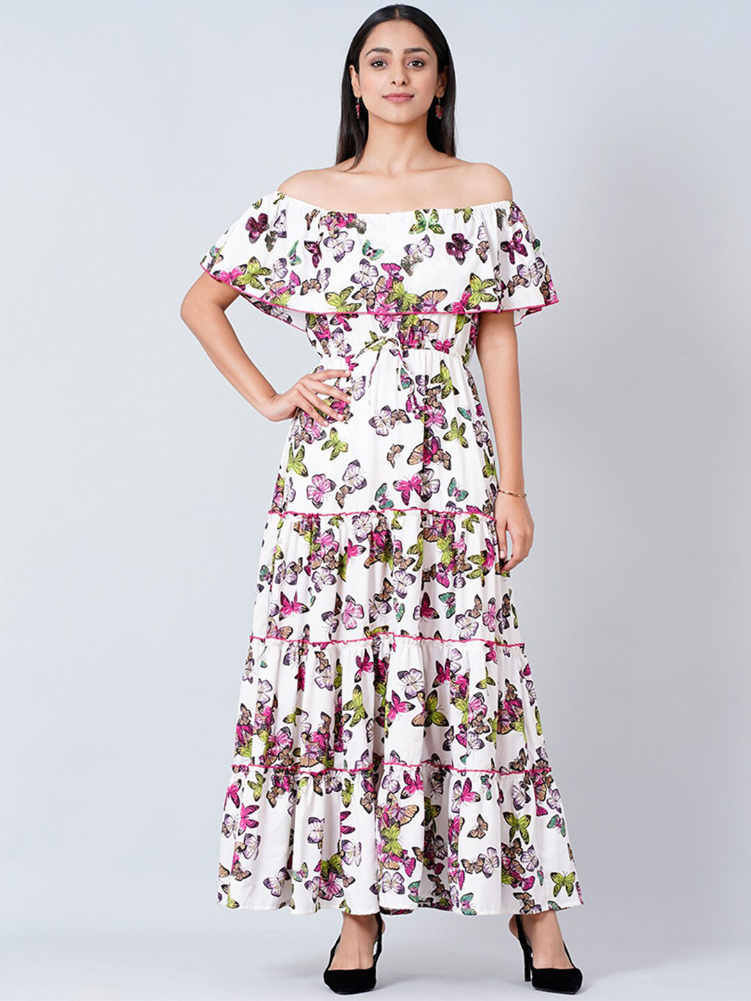 First Resort by Ramola Bachchan Women White Off-Shoulder Fit & Flare Dress