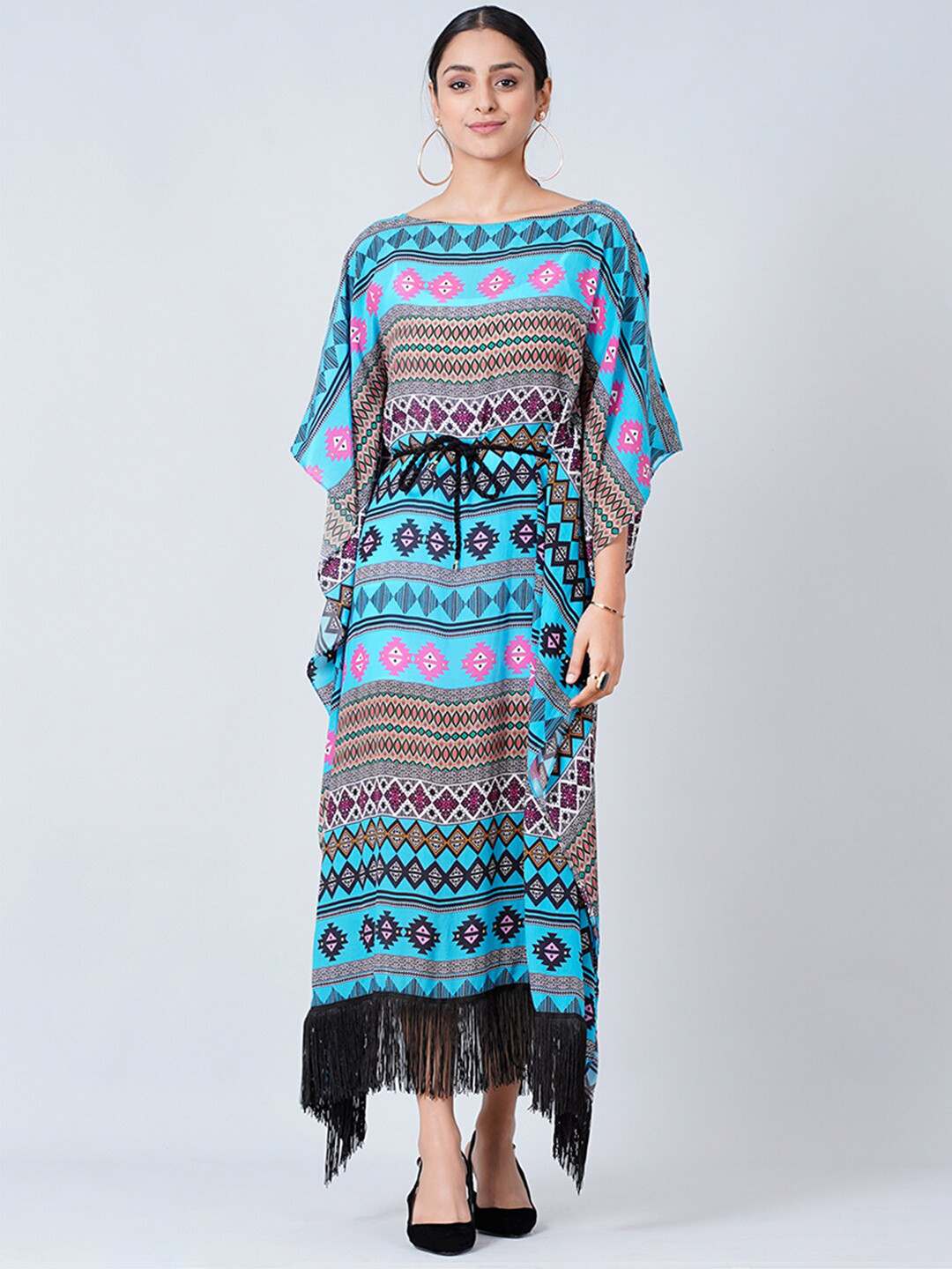 First Resort by Ramola Bachchan Women Blue & Pink Geometric Printed Fringed Kaftan Dress