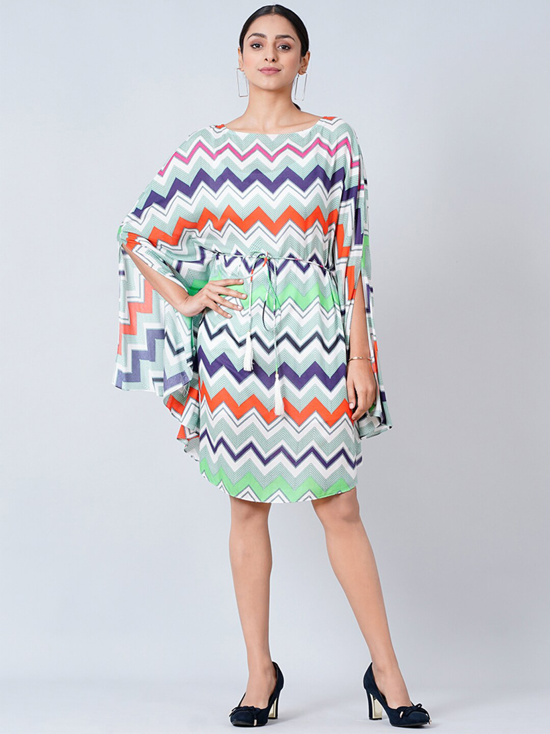 First Resort by Ramola Bachchan Women Blue & Green Geometric Printed Kaftan Midi Dress