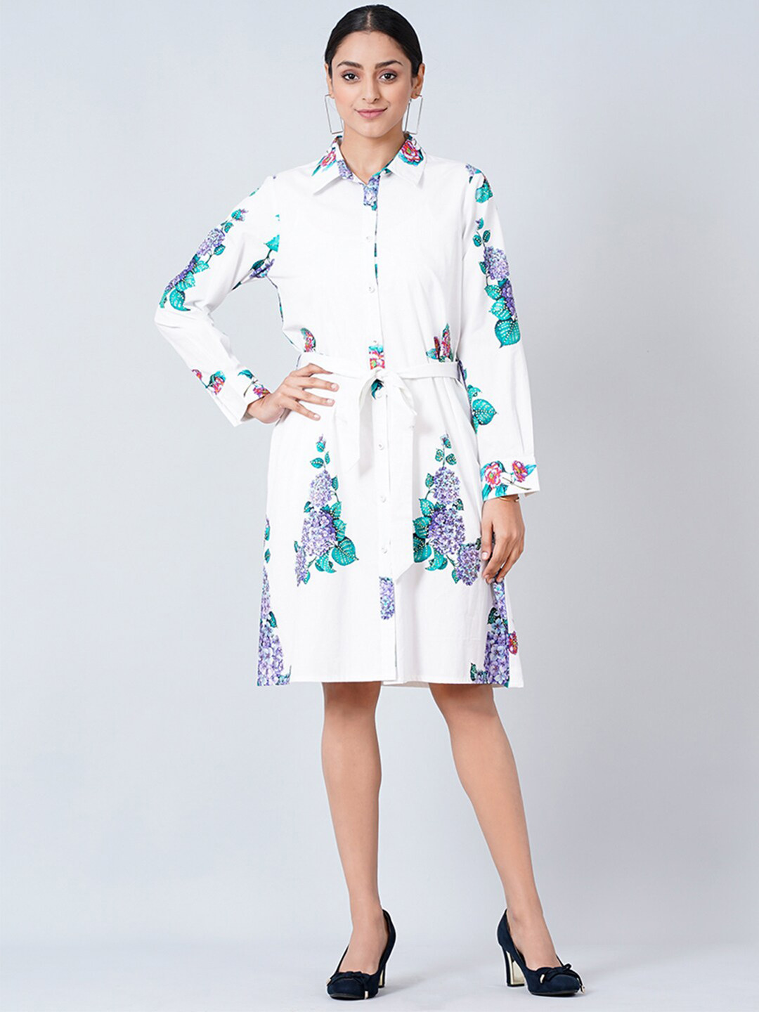 First Resort by Ramola Bachchan Women White Floral Printed Shirt Cotton Dress