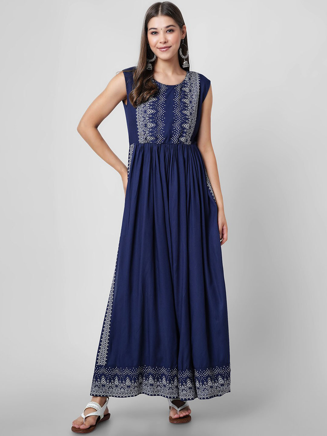 DAEVISH Women Blue Yoke Design A-Line High Slit Liva Kurta