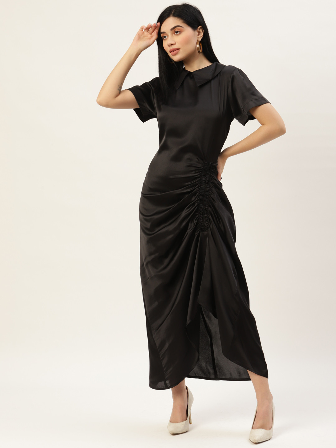 Rue Collection Women Black Solid Ruched Satin Maxi Dress