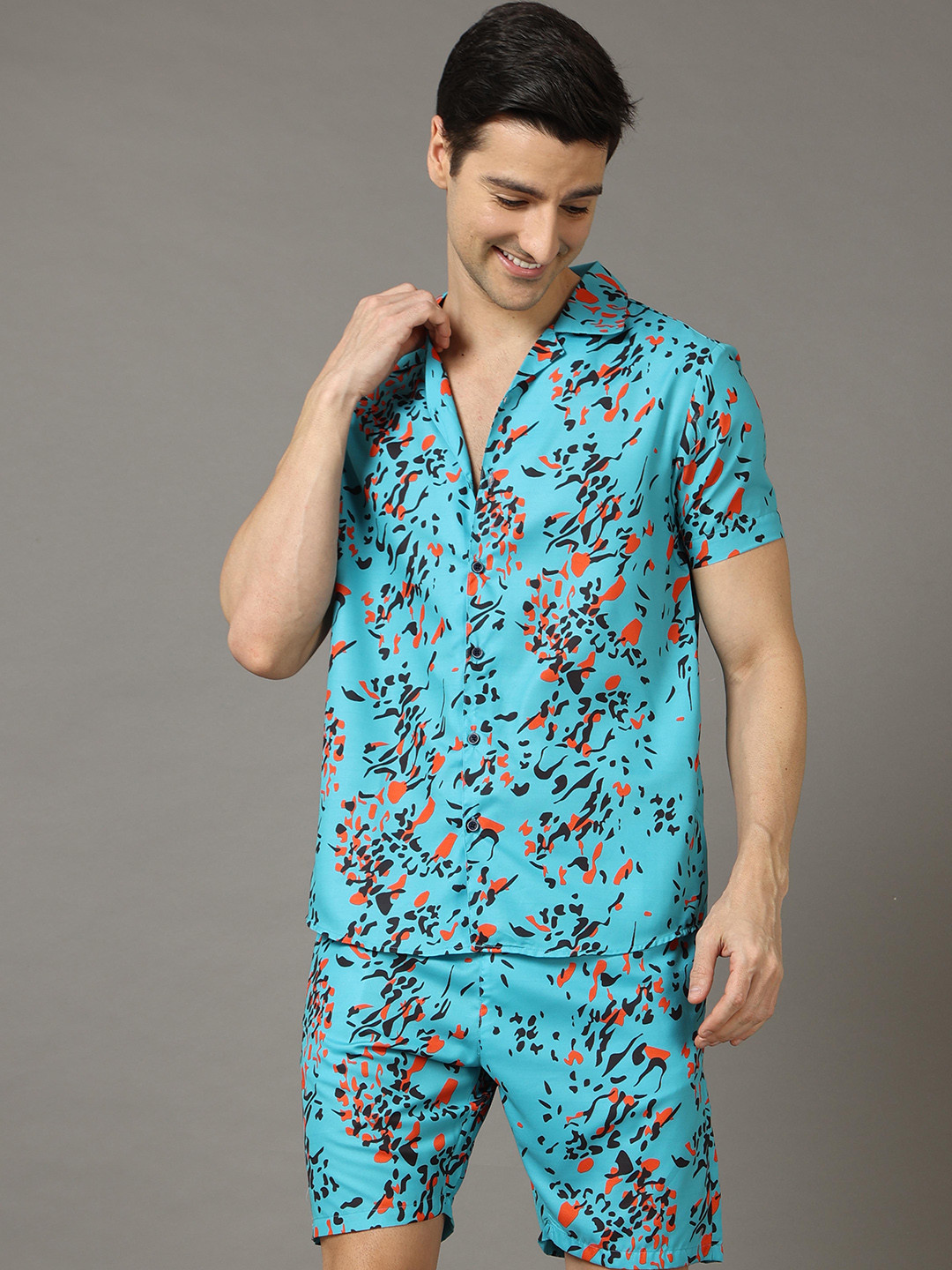 Bushirt Men Teal & Black Printed Nightsuit