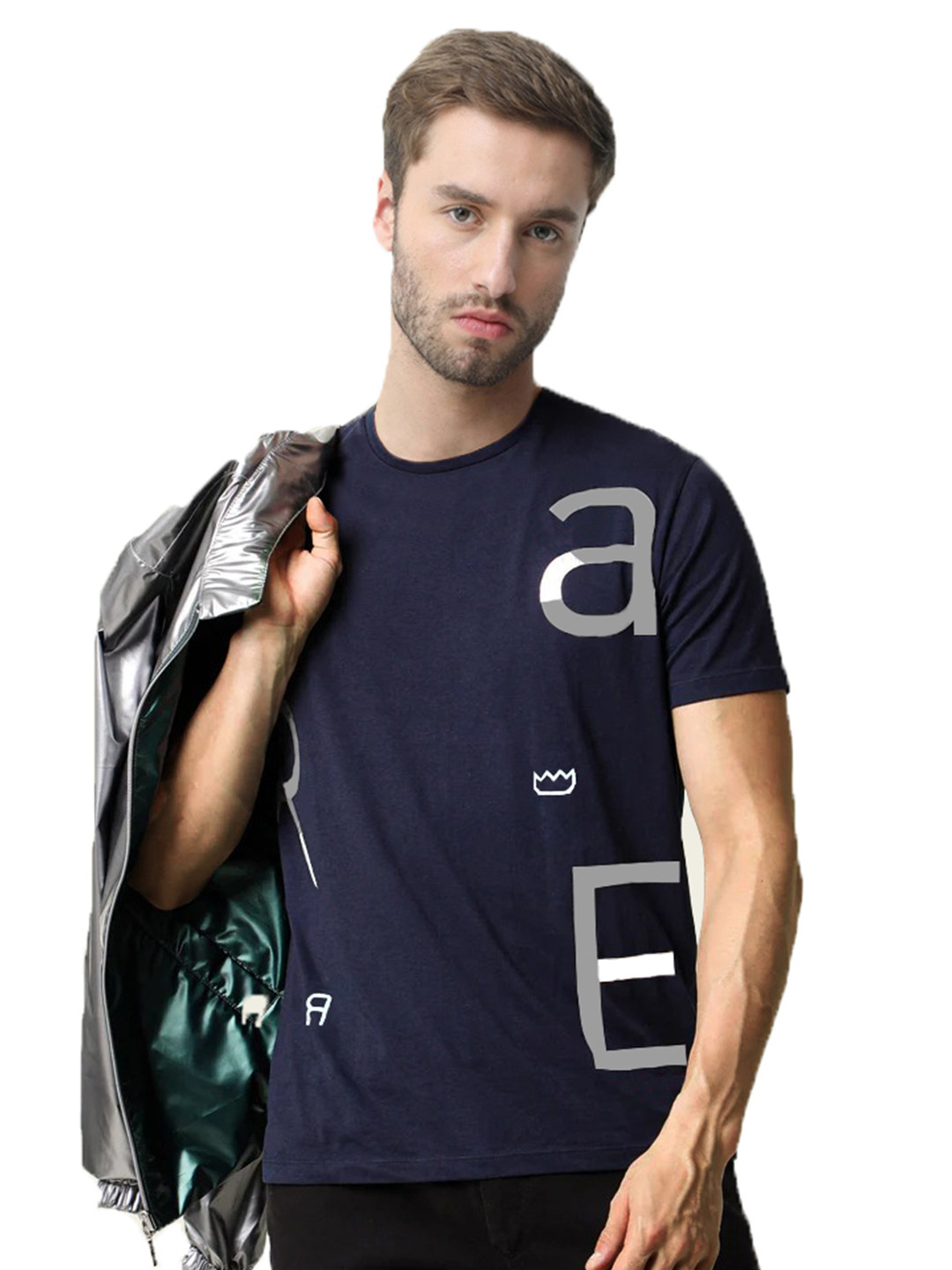 REYA Men Navy Blue Typography Printed Cotton T-shirt