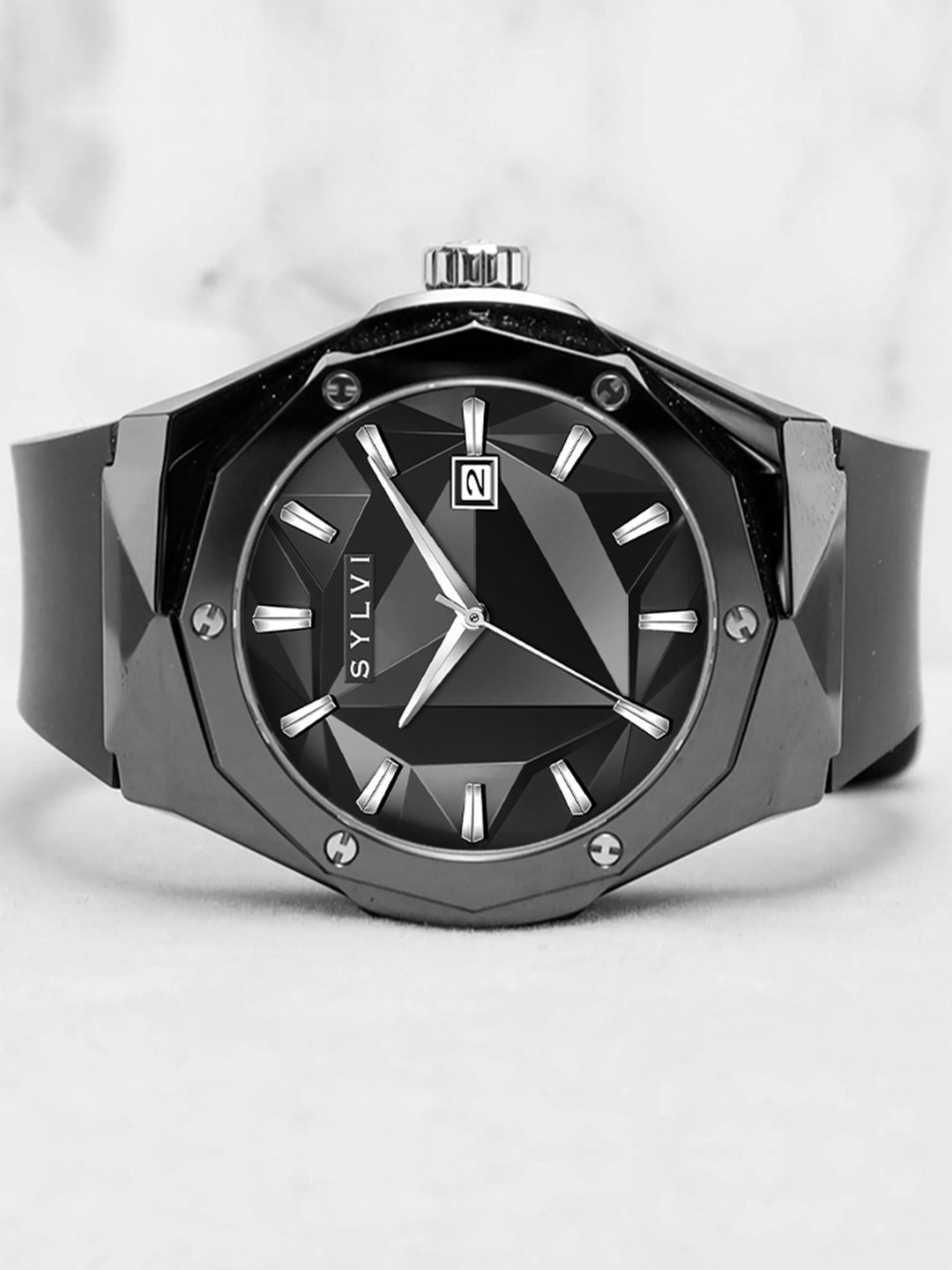 Sylvi Men Black Dial & Black Leather Straps Analogue Watch IM-HU-Black-Black-Black