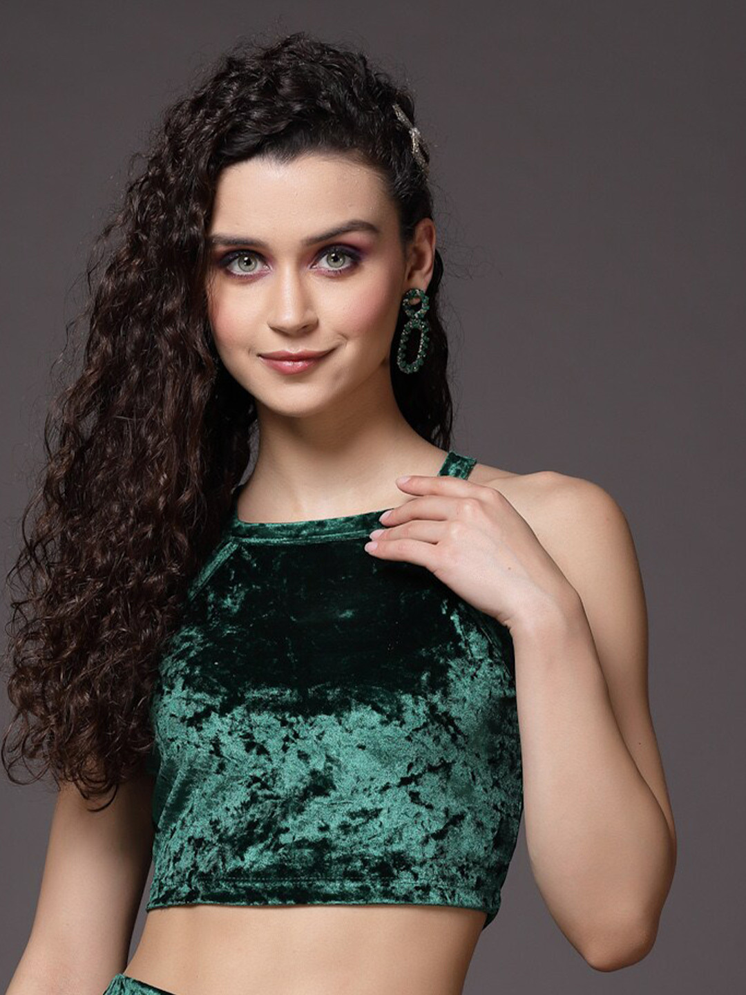 KASSUALLY Green Embellished Print Velvet Crop Top