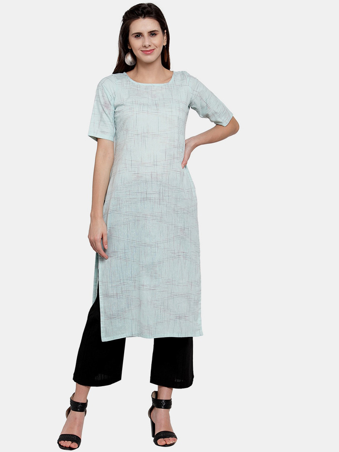Aarsha Women Blue Woven Design Abstract Straight Fit Cotton Kurta