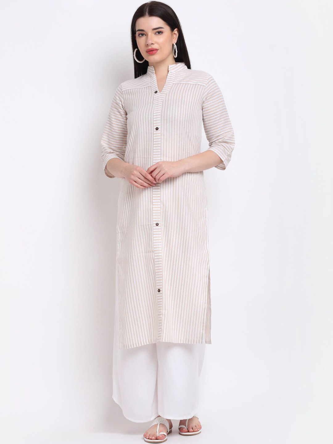 Aarsha Women Beige Striped Printed Straight Fit Cotton Kurta