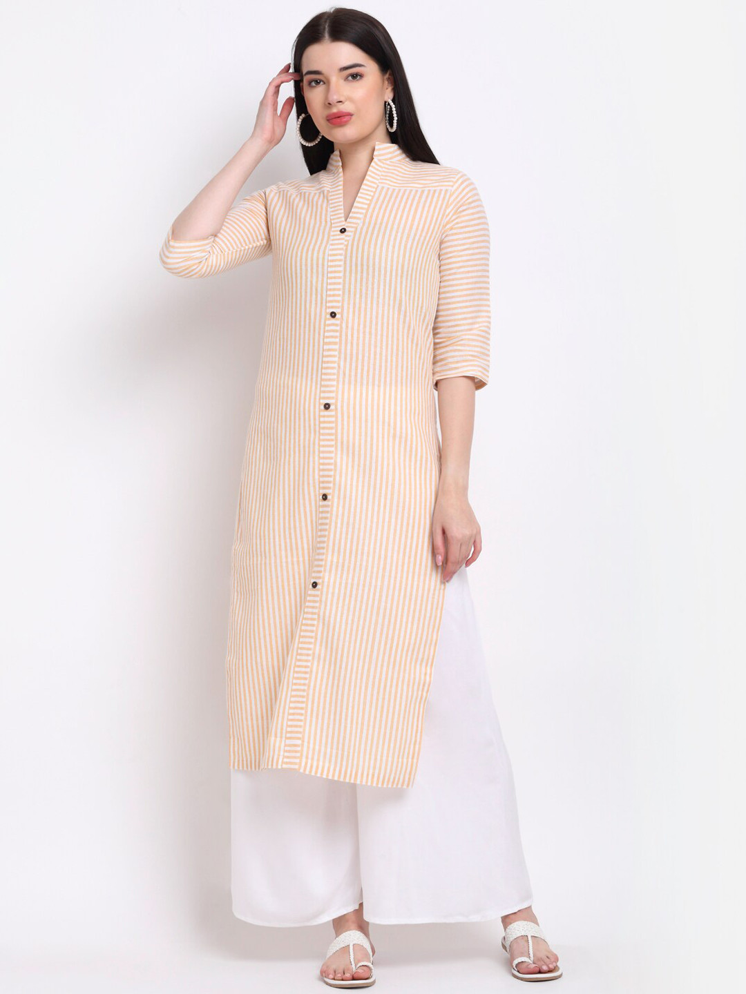Aarsha Women Orange Striped Printed Straight Fit Cotton Kurta