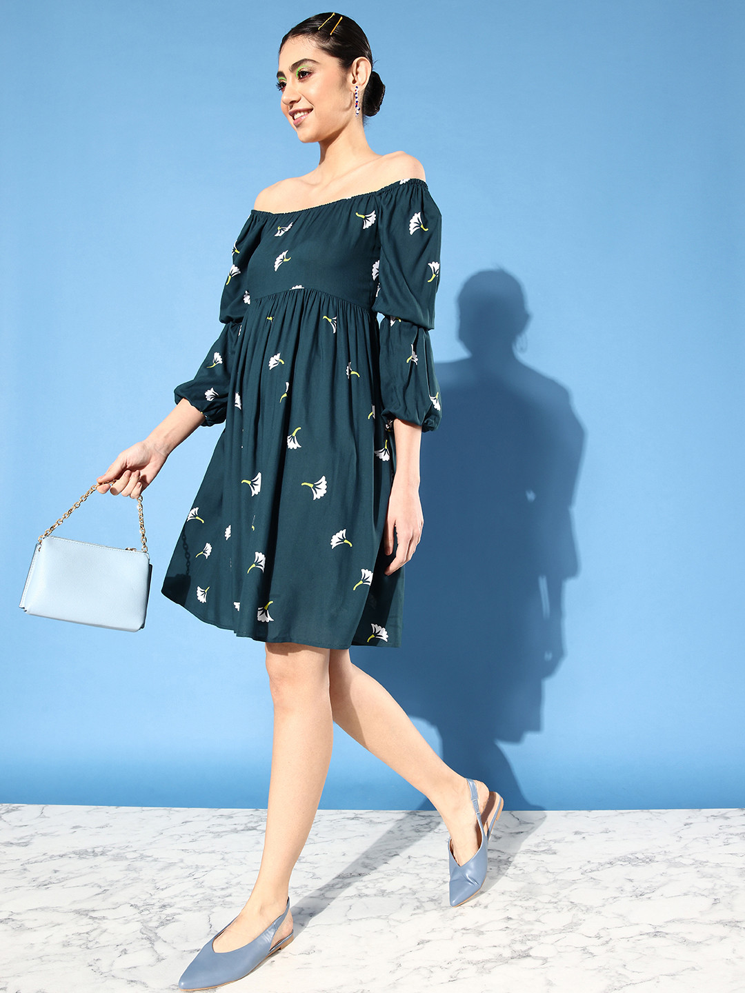 Teal & White Floral Off Shoulder Fit & Flare Dress