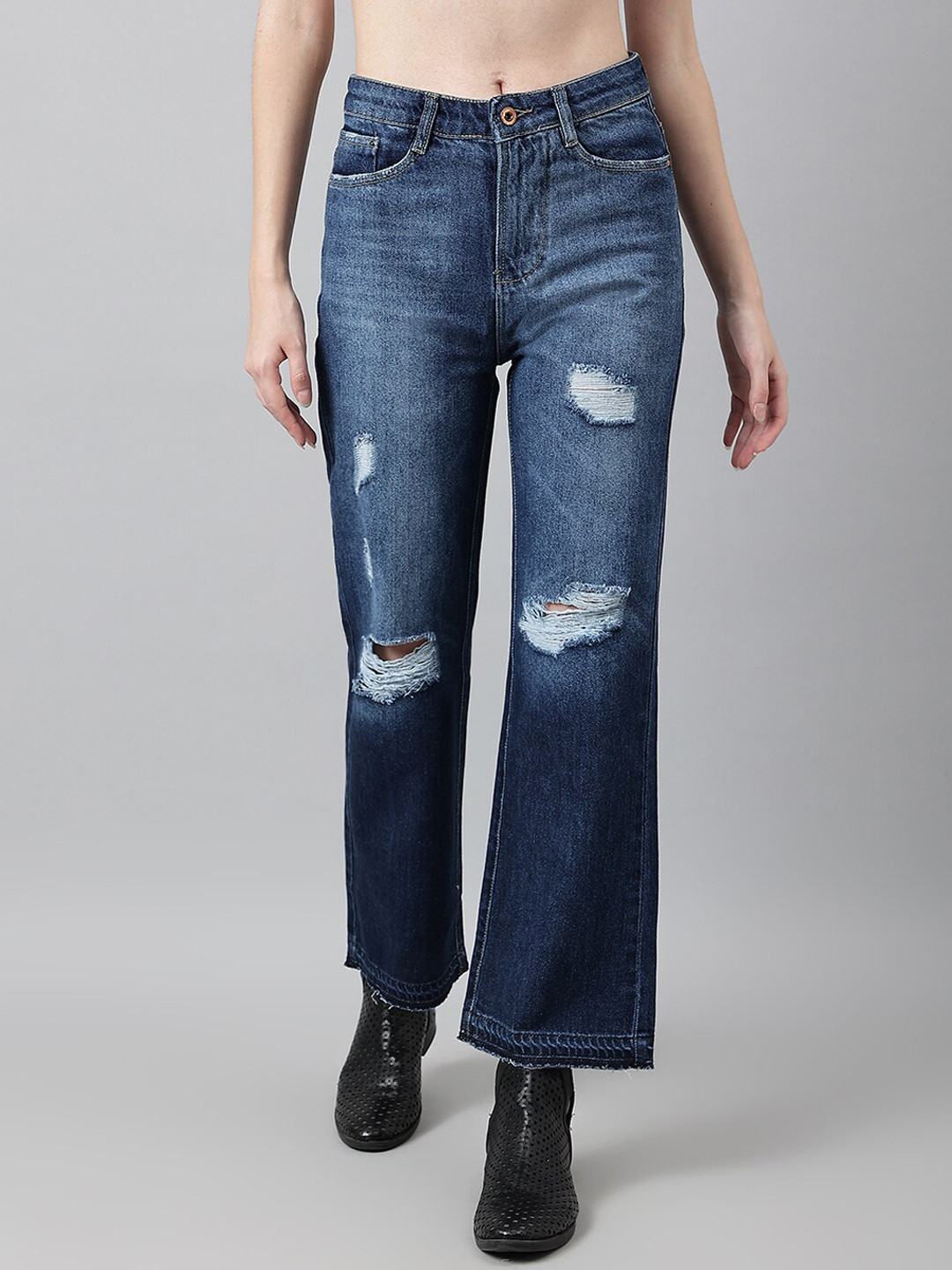 Code 61 Women Blue Wide Leg High-Rise Mildly Distressed Heavy Fade Jeans