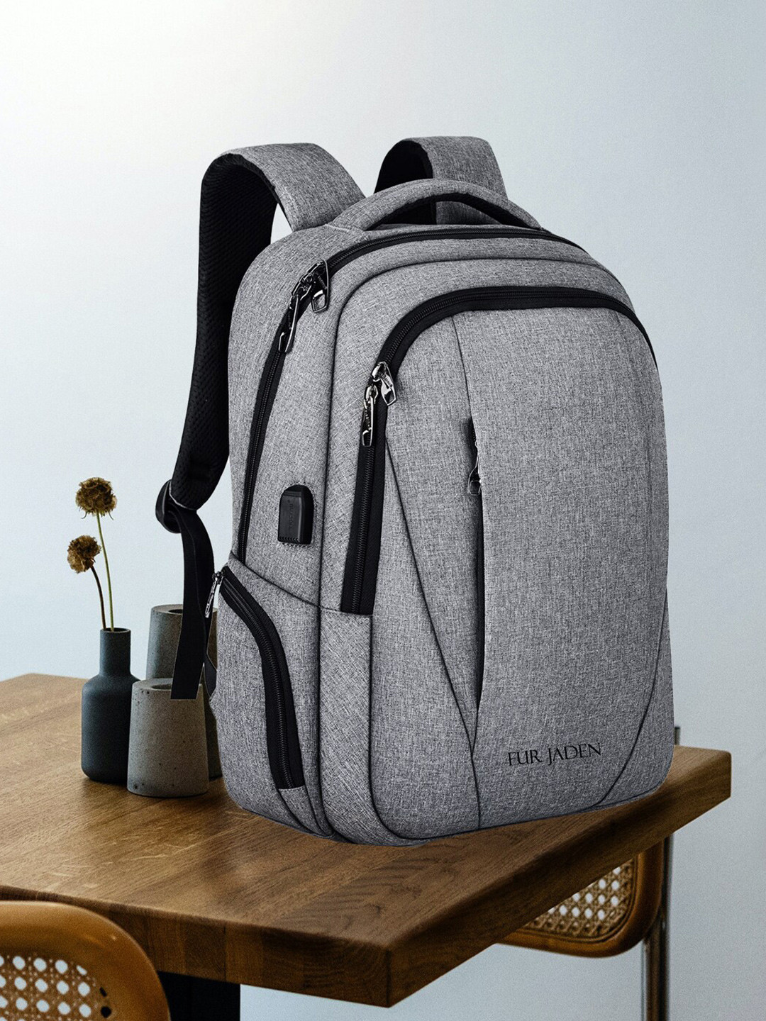 FUR JADEN Unisex Grey & Black Solid Backpack