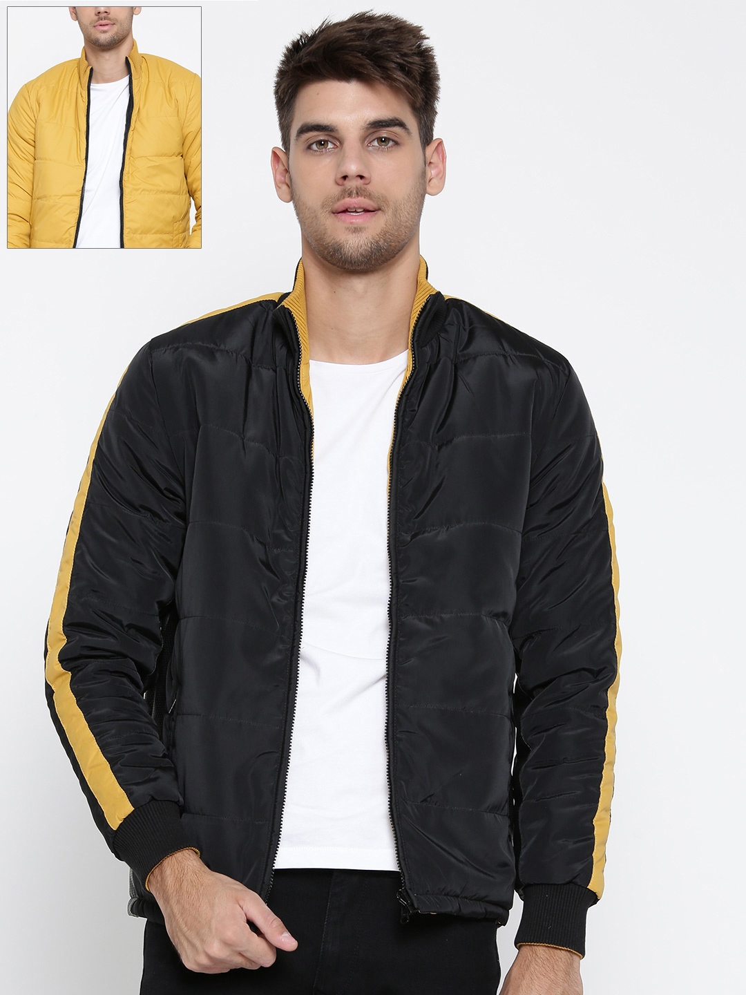 Black & Mustard Yellow Solid Reversible Quilted Jacket