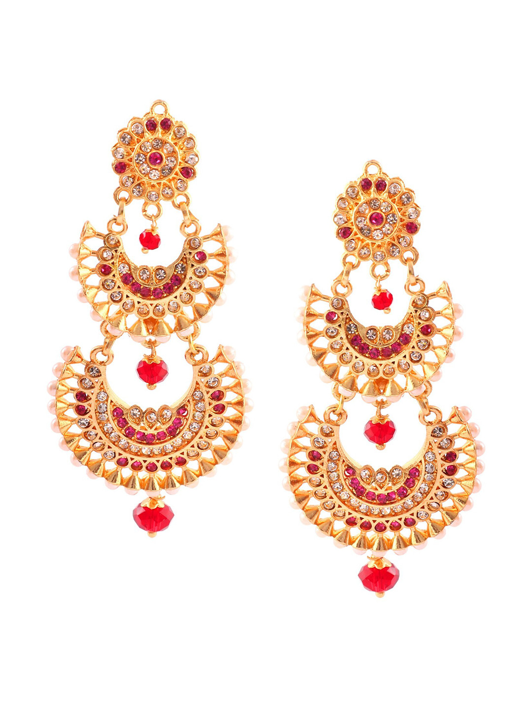 Jewar Mandi Red Gold-Plated Contemporary Chandbali Earrings
