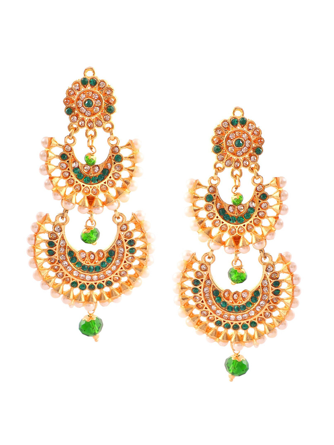Jewar Mandi Green Gold-Plated Contemporary Chandbali Earrings
