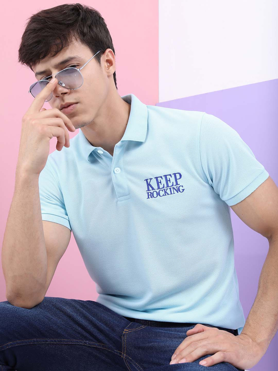 HIGHLANDER Men Turquoise Blue Polo Collar Slim Fit T-shirt