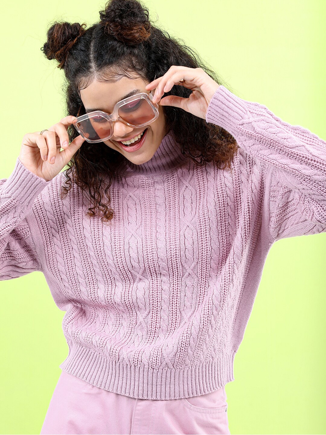 Tokyo Talkies Women Pink Cable Knit Crop Acrylic Pullover Sweaters - Sweaters for Women 20631258 | Myntra