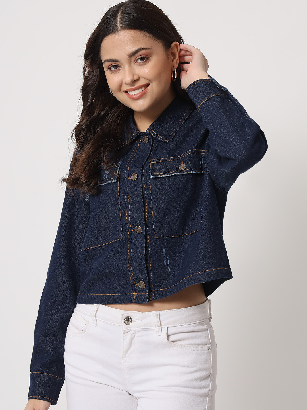 Orchid Blues Women Blue Lightweight Pure Cotton Distressed Look Boxy Jacket