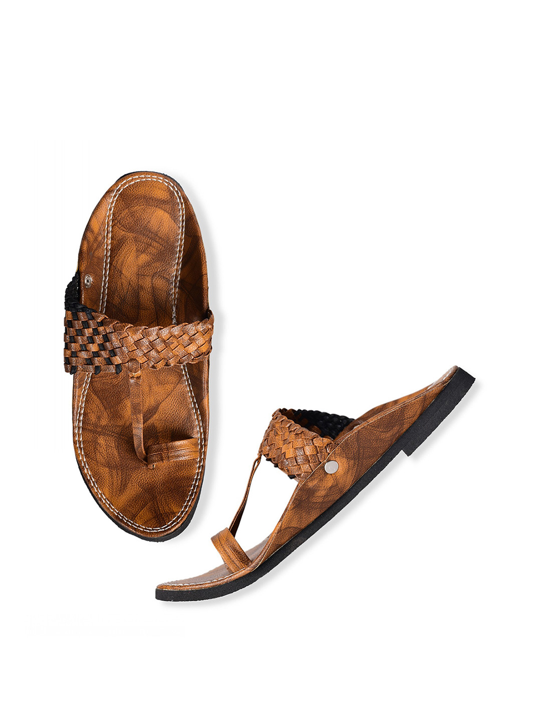 Aristitch Men Brown & Black Leather Comfort Sandals