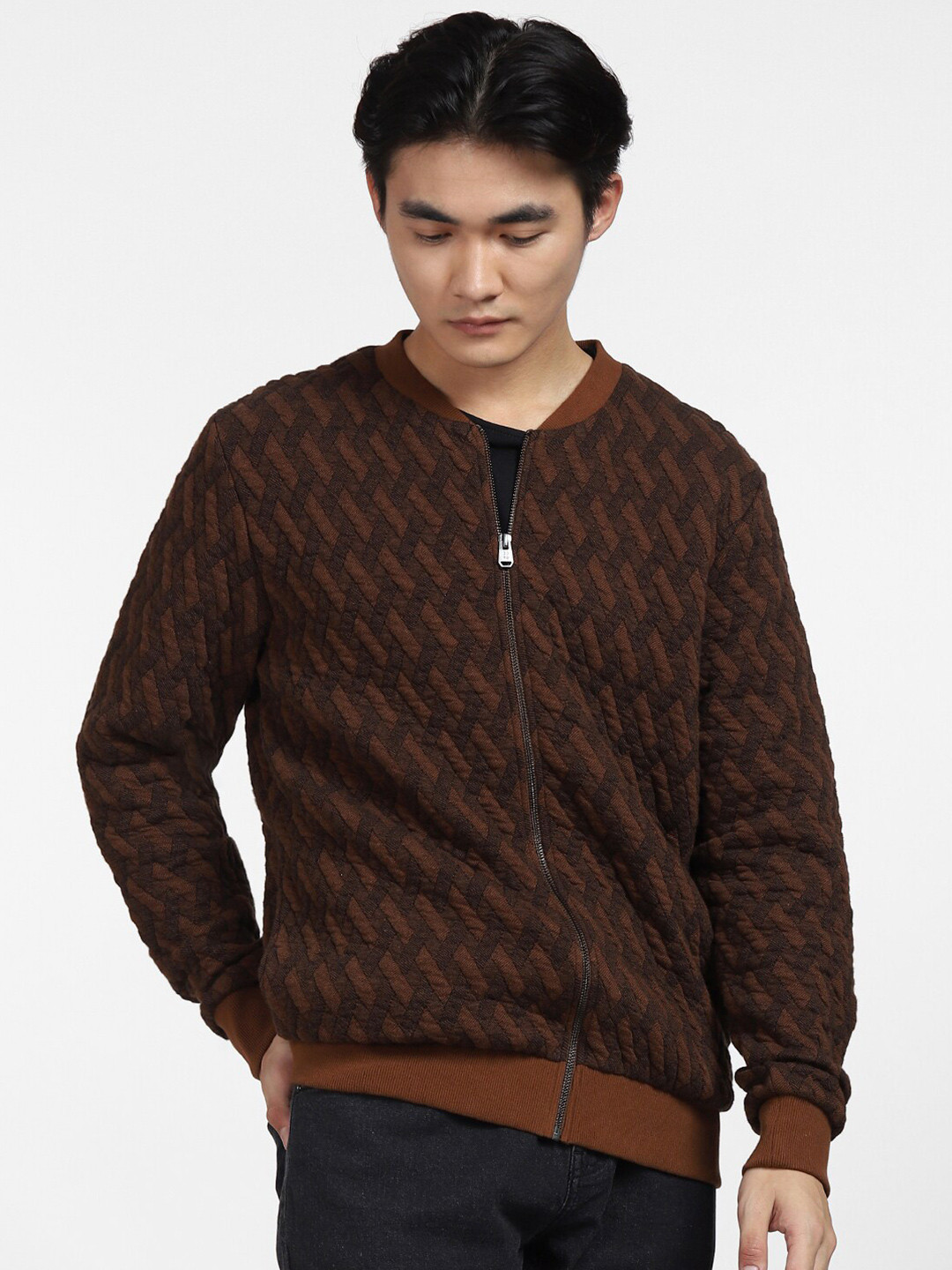 Jack & Jones Men Brown Printed Geometric Sweaters