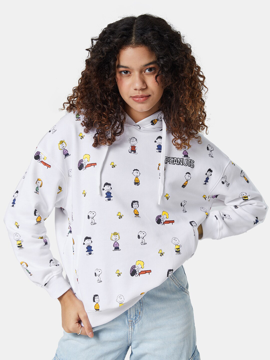 The Souled Store Women White Peanuts Printed Hooded Oversized Sweatshirt