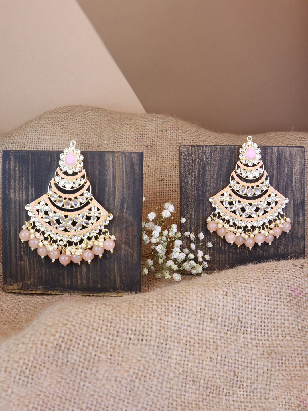 I Jewels Peach-Coloured Contemporary Pearl Kundan Beaded Drop Earrings