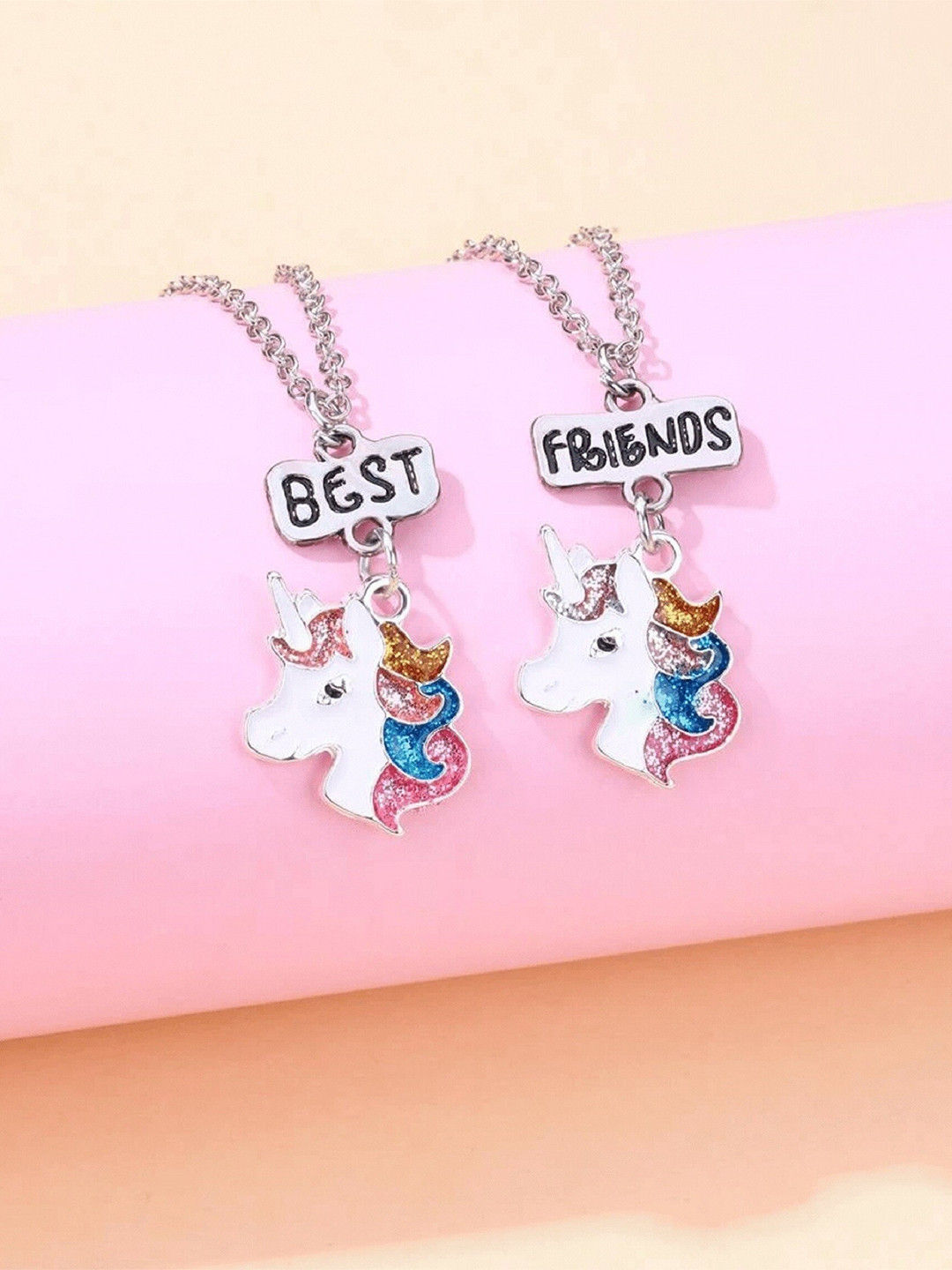 EL REGALO Set of 2 Silver-Toned & White Best Friends Pendant Chain