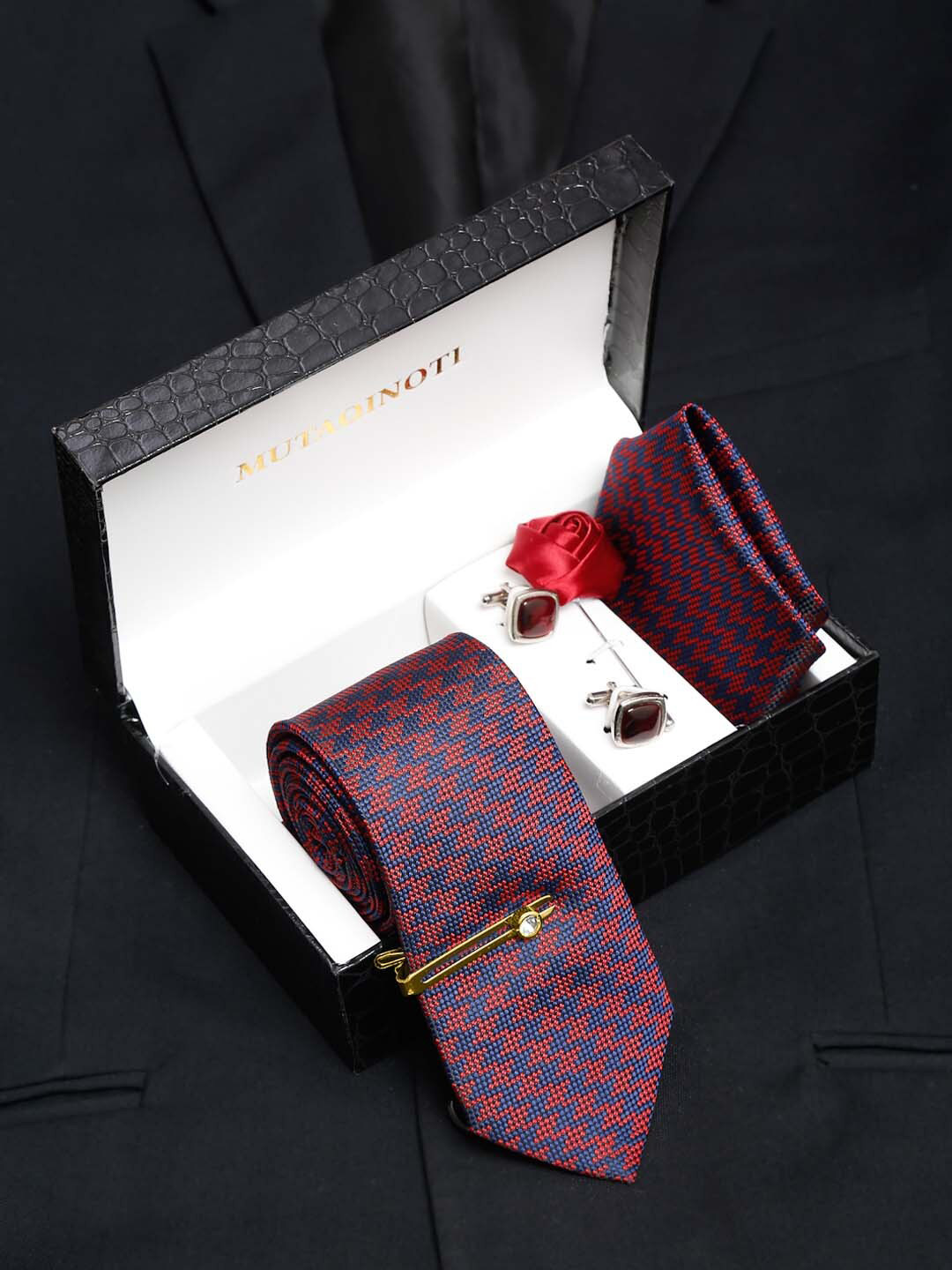 MUTAQINOTI Men Ethnic Line Printed Silk Formal Accessory Gift Set