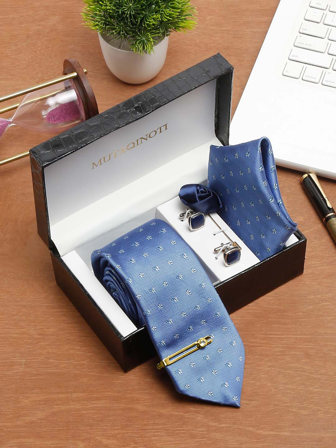 MUTAQINOTI Men Floral Light Blue Silk Necktie Accessory Gift Set