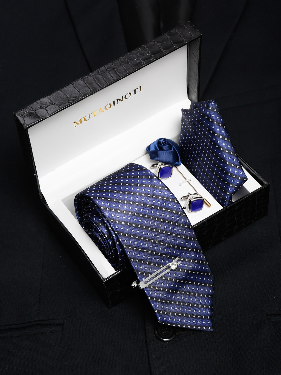 MUTAQINOTI Men Contrast Blue Silk Blend Necktie Accessory Gift Set