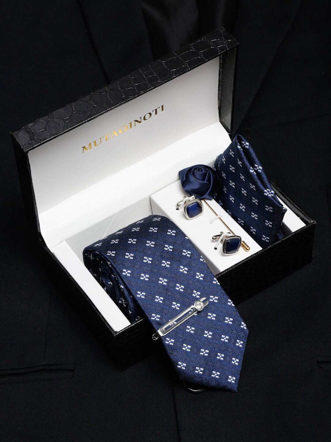 MUTAQINOTI Men Floral Dark Blue Silk Necktie Accessory Gift Set