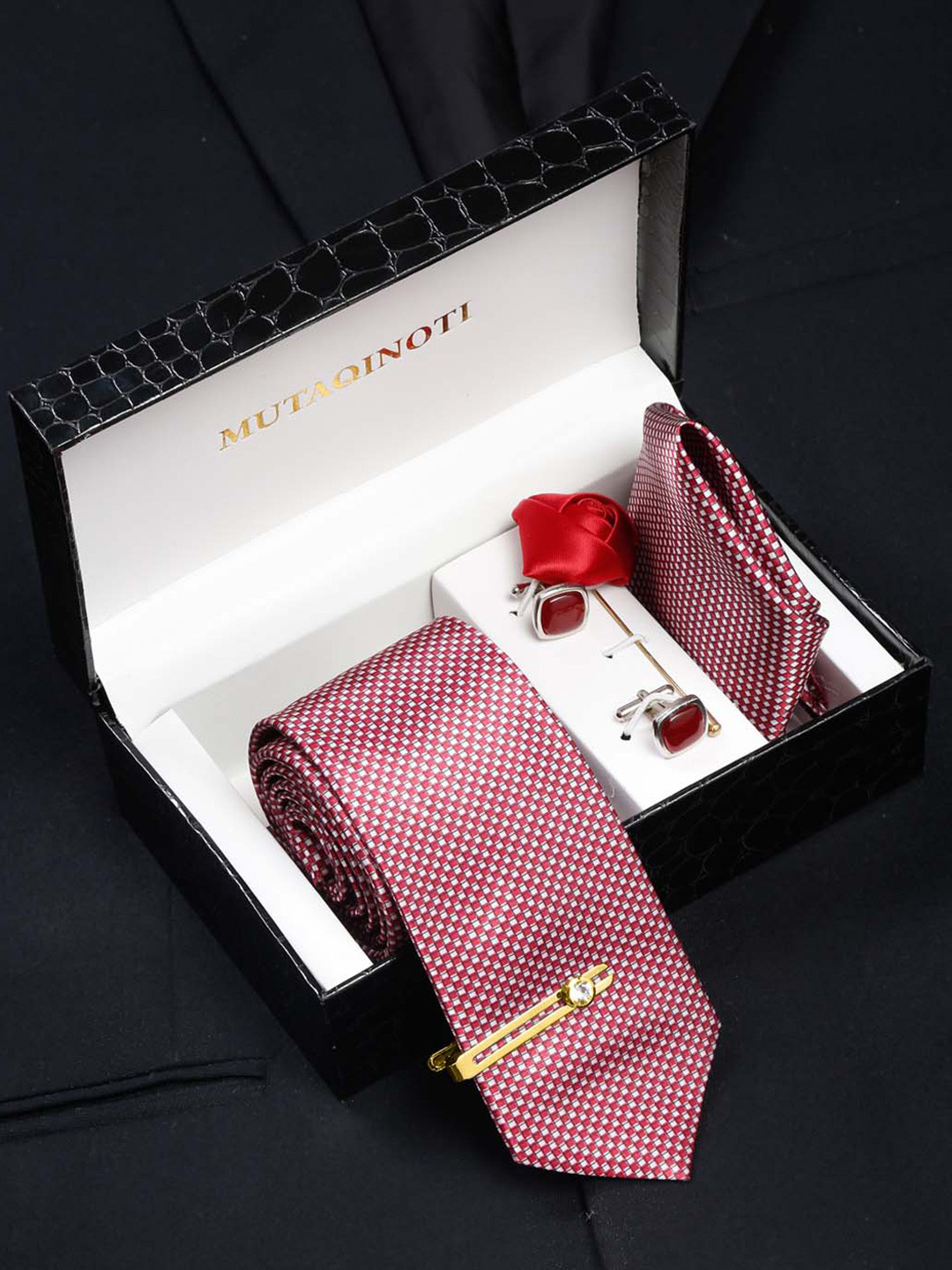 MUTAQINOTI Men Small Checks Silk Blend Necktie Accessory Gift Set