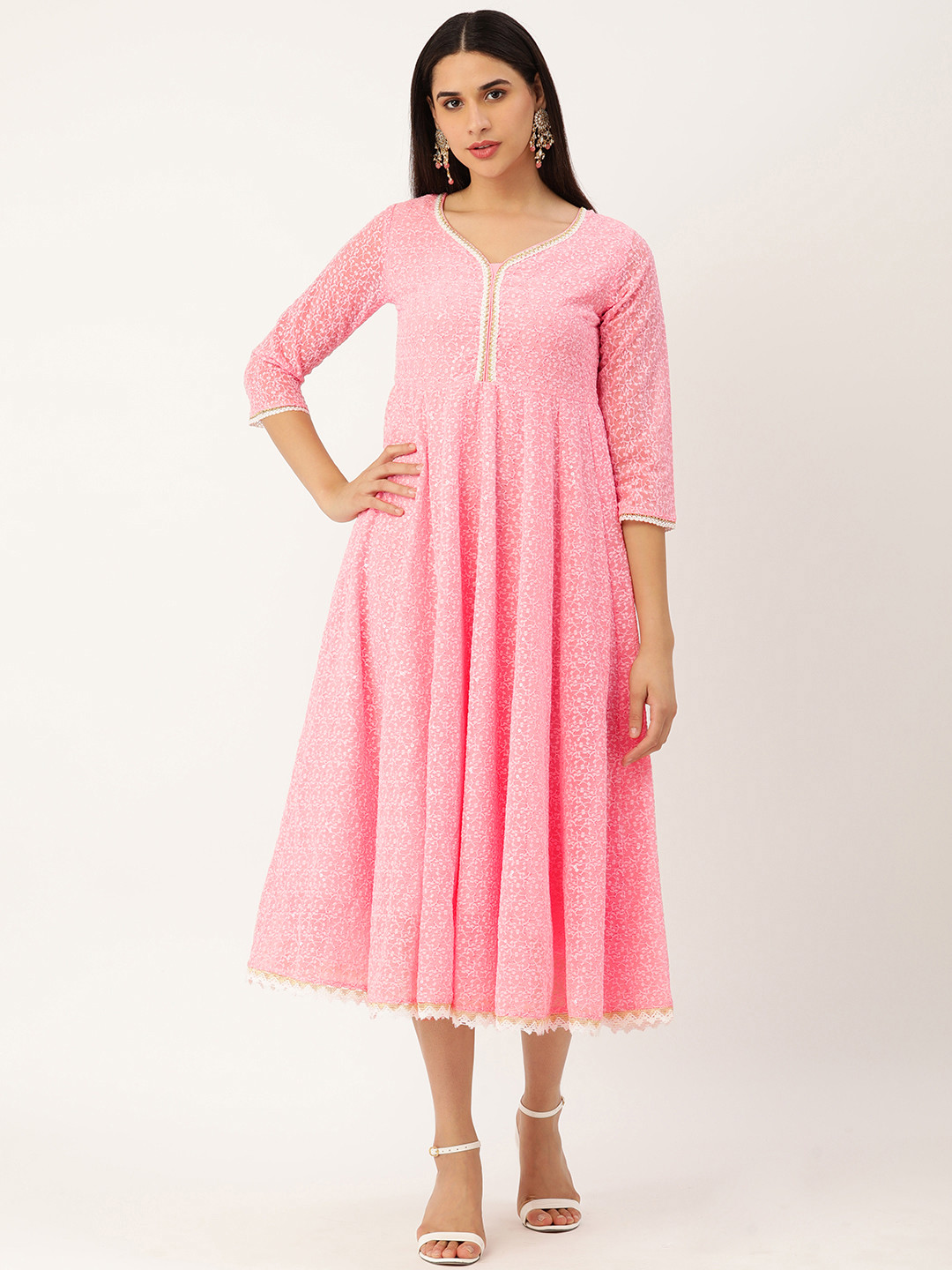 SWAGG INDIA Pink & White Chikankari Georgette Ethnic A-Line Midi Dress