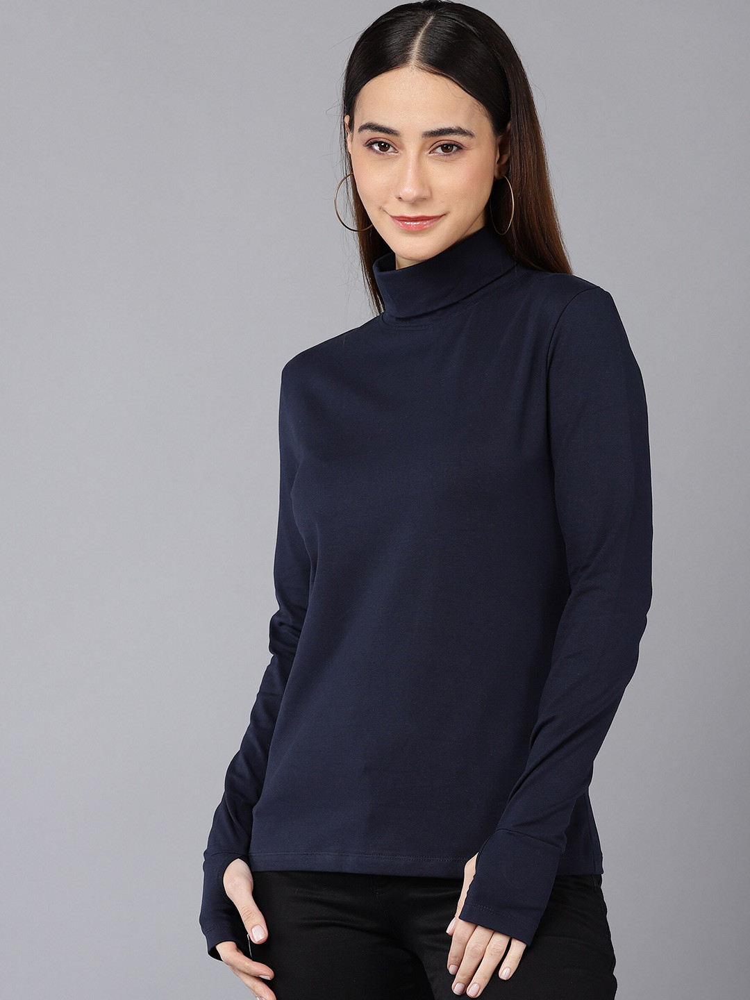 SHARKTRIBE Women Navy Blue High Neck Slim Fit Cotton T-shirt